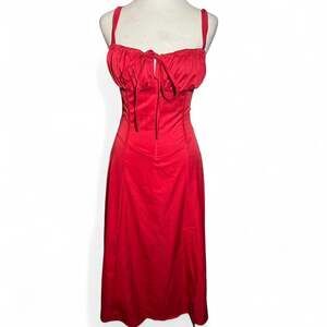 Red Corset Style Midi Dress with Adjustable Straps & Tie-Front Detail